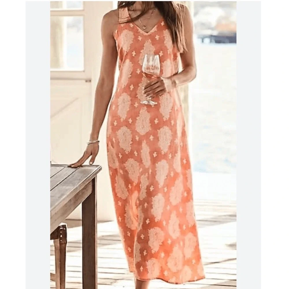 J. Jill Love Linen Coral  Paisley Sleeveless Lagenlook Coastal Maxi Dress M